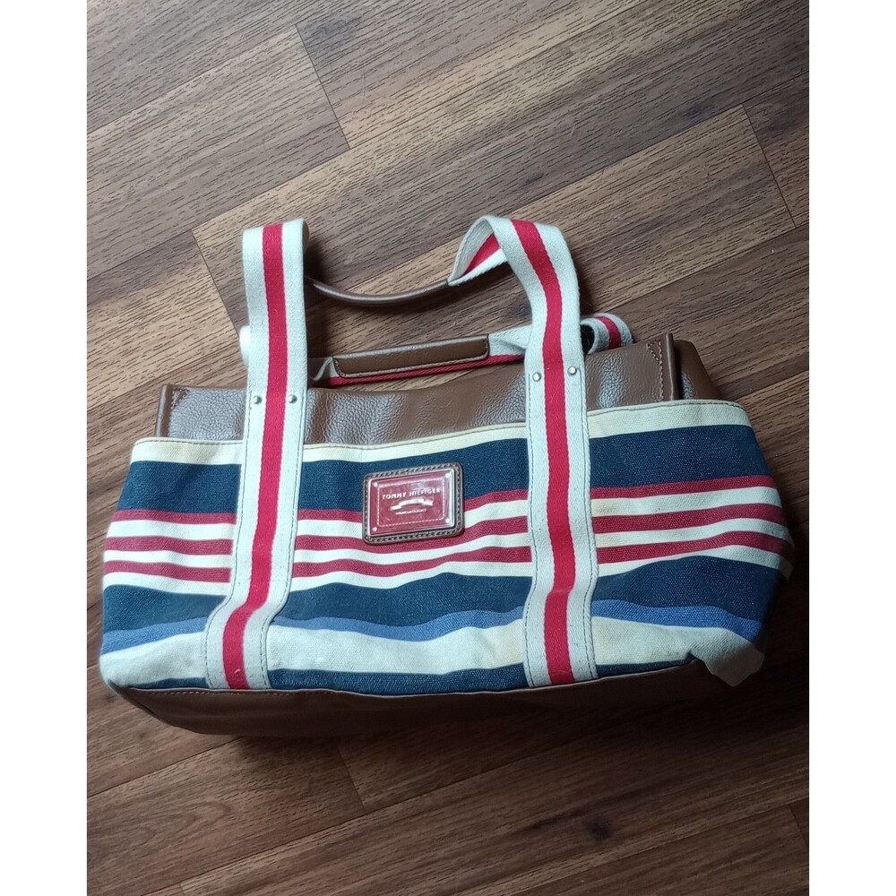 Tommy Hilfiger Red White & Blue Canvas/Leather Snap Top Tote